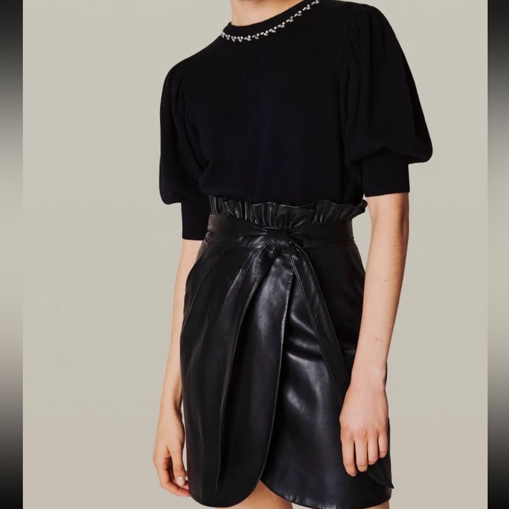 $496 Ba&sh Women Black Leather High Tie Waist Wrap A-Line Mini Skirt Size M US 8